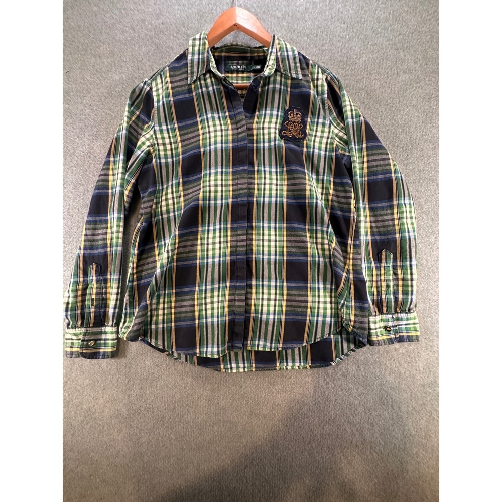 Lauren Ralph Lauren Green Plaid Crest Button Down Shirt Womens Large 1457 - Picture 3 of 10